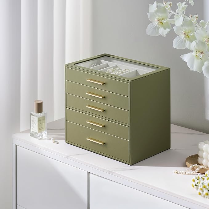 Jewelry Box Organizer Case for Women: 5-Layer Jewelry Storage Case with Glass Window, Olive Green Leather with Cream Velvet, Holder for Ring Necklace Bracelet Brooch Watch, Great Gift for Her