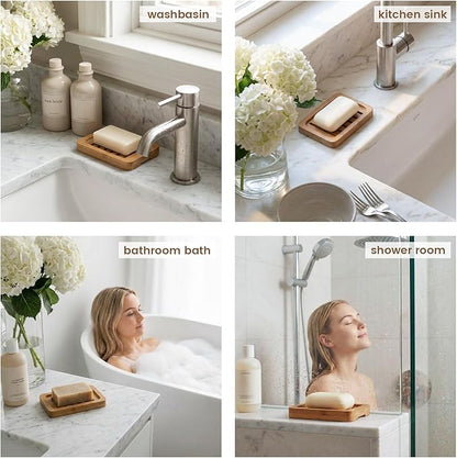 2PCS Self Draining Soap Holders, Rustic Slotted Bamboo Dish Tray, Easy Cleaning Wooden Soap Dish for Shower, Bathroom, Kitchen Sponges, Bath Tub, Packed in A Case (Acacia Style)