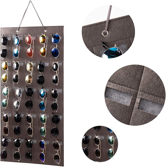 Sunglasses Organizer Storage- Hanging Eyeglasses Wall Pocket Mounted,Eyewear Display,25 Slots (Black, Large)