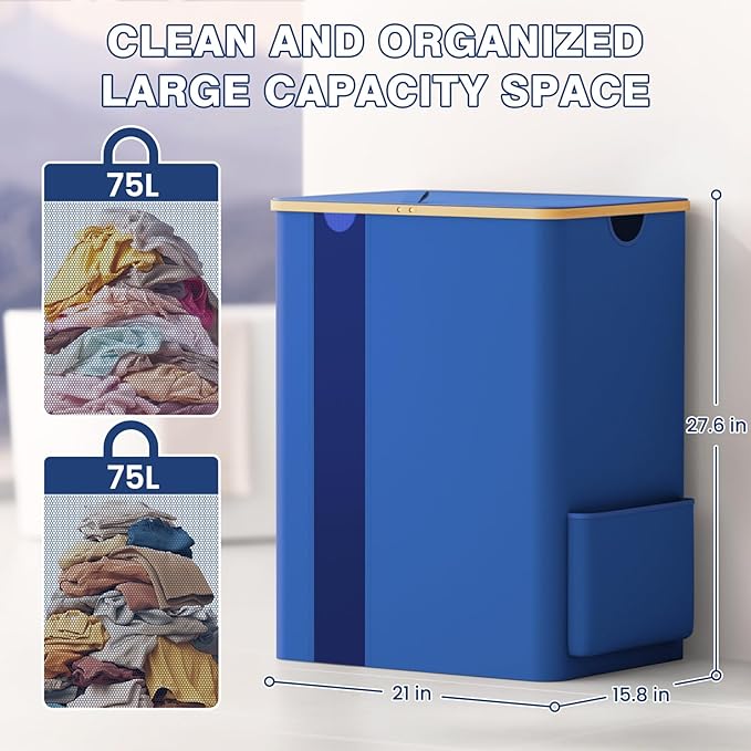 BlissTotes Laundry Basket with Lid, 150L Clothes Laundry Hamper with Handles and 2 Removable Laundry Bag, Breathable Design Hamper with Lid for Bedroom, Bathroom, Dorm, Laundry Room - Blue