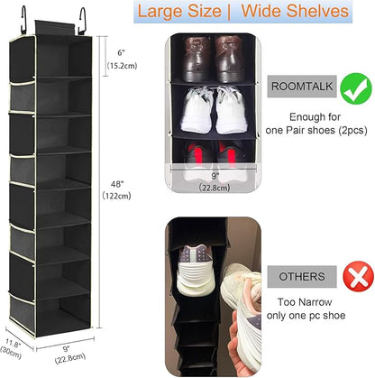 2 Pack Large-Sized Hanging Shoe Organizer 8-Shelf, Hanging Closet Organizer with 8 Side Pockets, Wider Hanging Shelves for Storage Shoes Clothes 9" W × 11.8" D× 48" H, Black.