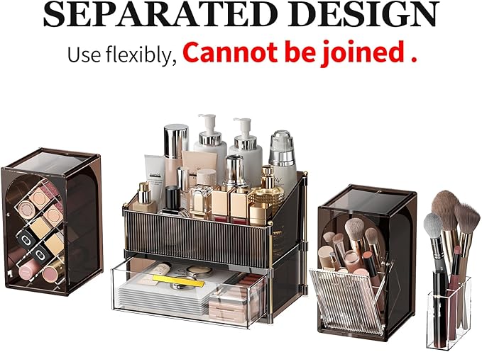 Makeup Organizer for Vanity with Brush Holder, Large Bathroom Countertop Cosmetic Organizer Skin Care Storage, Easy to Store Lipsticks, Nail Polishes, Perfumes (Brown+Transparent)