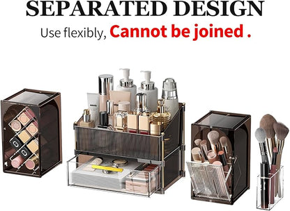 Makeup Organizer for Vanity with Brush Holder, Large Bathroom Countertop Cosmetic Organizer Skin Care Storage, Easy to Store Lipsticks, Nail Polishes, Perfumes (Brown+Transparent)