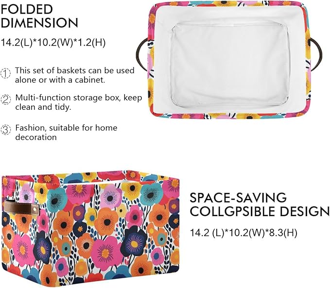 Large Storage Basket Cartoon Drawing Poppies Storage Bin Cube Canvas Fabric Organizer Handles Collapsible for Clothes Toys Bedroom Decorative