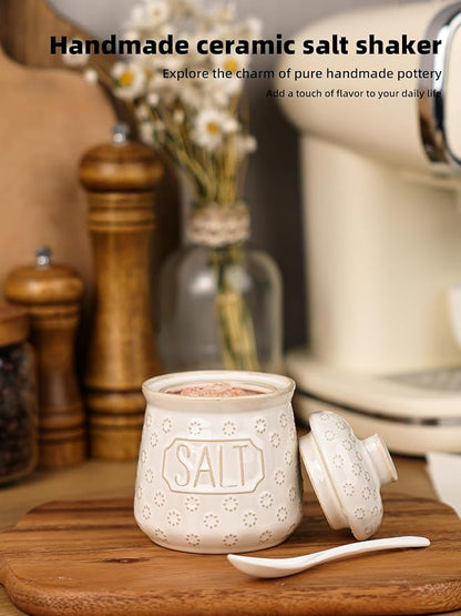 Salt & Pepper Bowl with Lid and Spoon, 10 OZ Ceramic Spices Cellar for Kitchen Counter top, Farmhouse Kitchen Decor (Vintage White, 4.3" Label Salt)