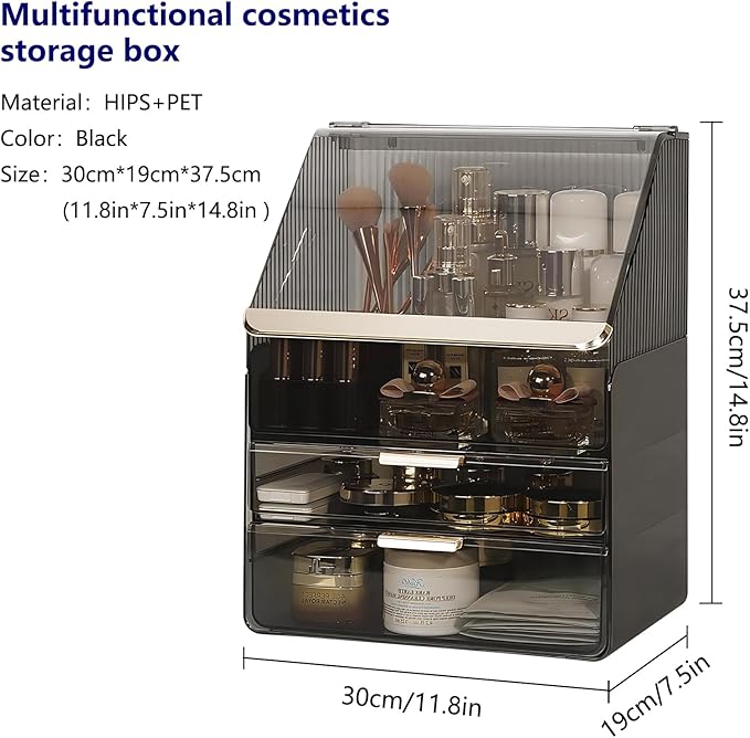 DASITON Dustproof MultiLayer Makeup Brush holder Organizer,Makeup Brush Holder,Makeup Organizers,Large Capacity Desktop Storage Box with Drawer,for Beauty Products...（Grey)