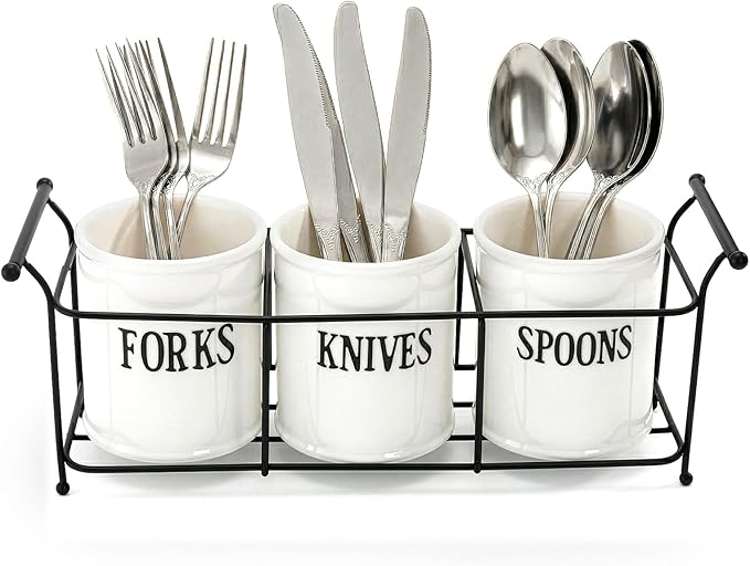 Bekith 3-Piece White Ceramic Silverware Caddy with Black Metal Rack, Utensil Holder Flatware Caddy Cutlery Storage Organizer for Kitchen Table, Cabinet or Pantry