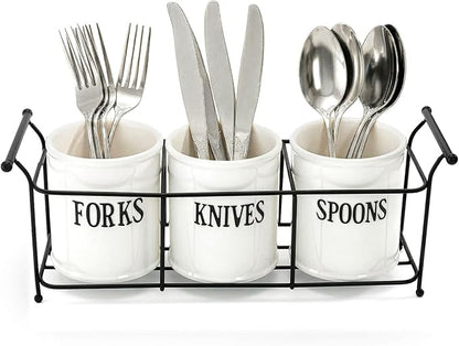 Bekith 3-Piece White Ceramic Silverware Caddy with Black Metal Rack, Utensil Holder Flatware Caddy Cutlery Storage Organizer for Kitchen Table, Cabinet or Pantry