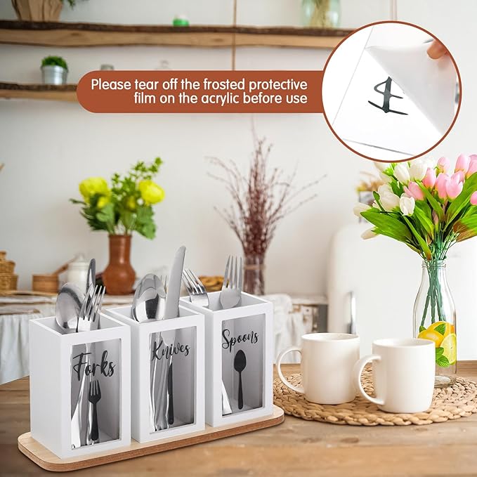 Gejoy Acrylic Silverware Cutlery Holder Flatware Caddy Utensil Holder with Wood Tray Spoon Fork Knives Flatware Dispenser for Kitchen Table Countertop Silverware Storage Organizer(White)
