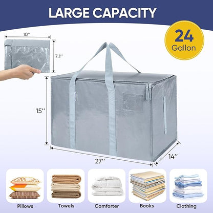 TICONN 4 Pack Extra Large Moving Bags Heavy Duty with Zippers & Carrying Handles, Durable Storage Bags Moving Boxes for Closet Organizers and Storage (4 Pack, Light Grey)