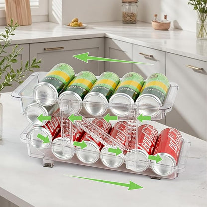 CECOLIC 2 Pack Drink Organizer for Refrigerator, Soda Can Dispenser, Adjustable Width Canned Food Pop Cans Container Beverage Holder for Fridge Organizing, Clear Plastic Storage Bins