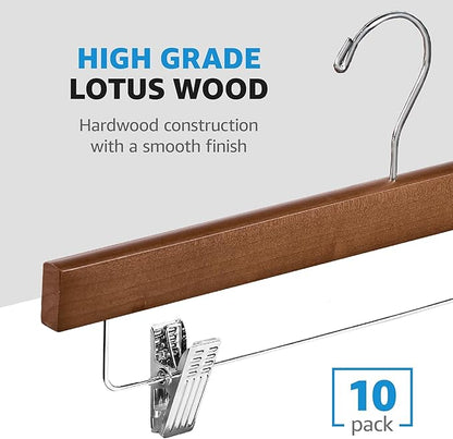 ZOBER Wooden Pants Hangers with Clips - 10 Pack Premium Wood Skirt Hangers for Women, Heavy Duty Wooden Hanger with Adjustable Metal Grip Clips for Jeans and Shorts, Smooth Finish, Vintage Wood