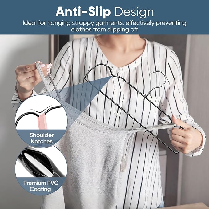 Black Rubber Coated Metal Pants Hangers 20 Pack with Shoulder Notches, Non-Slip, Heavy Duty, Space Saving Closet Organizer for Slacks, Scarf, Ties, Includes 4 Magic Hangers and 10 Hooks