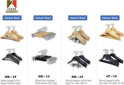 Kids Hangers with Metal Clips Pant Bar 4T-10 (Natural Wood)