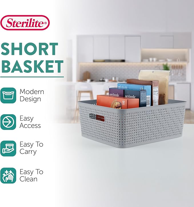 Sterilite 6-Pack Short Basket, Woven Plastic Storage Baskets for Organization, Cement - Organizing Bin Containers with Handles for Bedroom, Bathroom, Dorm, and Closet