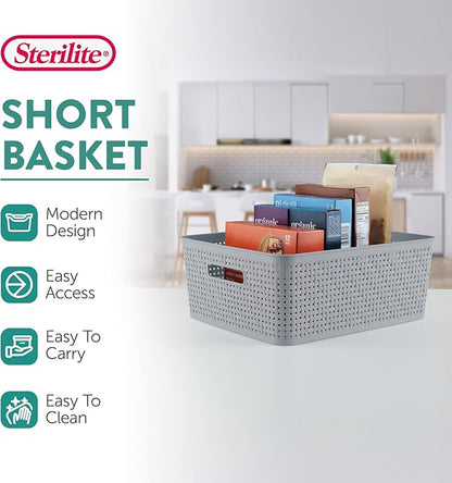 Sterilite 6-Pack Short Basket, Woven Plastic Storage Baskets for Organization, Cement - Organizing Bin Containers with Handles for Bedroom, Bathroom, Dorm, and Closet