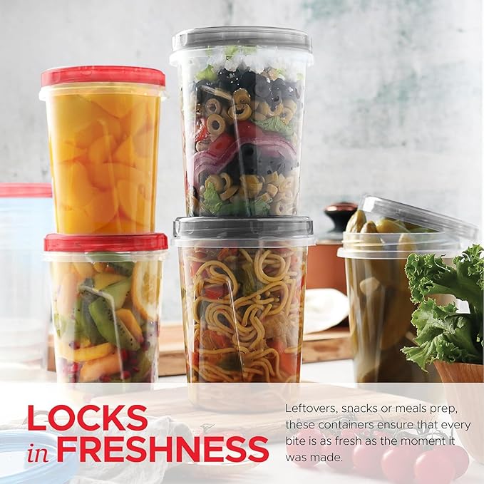 Tafura 10 Pack Leakproof Freezer Containers for Food with Twist Top Lids - 32 Oz BPA Free - Black/Red Lids
