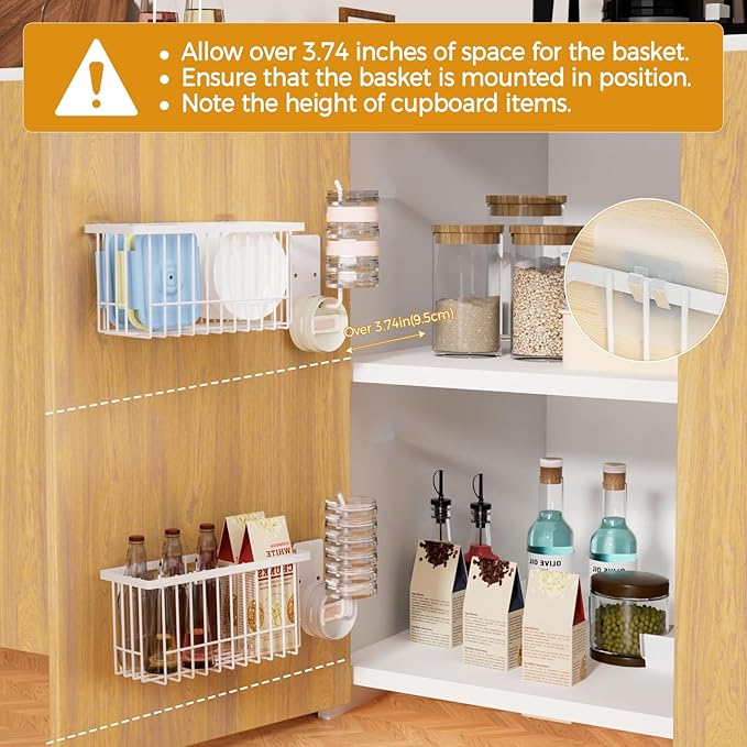 4 Pack Adhesive Cabinet Door Organizer - Tumbler Lid Organizer & Kitchen Storage baskets for Kitchen, Bathroom, Inside Cabinet Door Storage for Cup Lids, Spices, Small Supplies, Space-Saving (White)