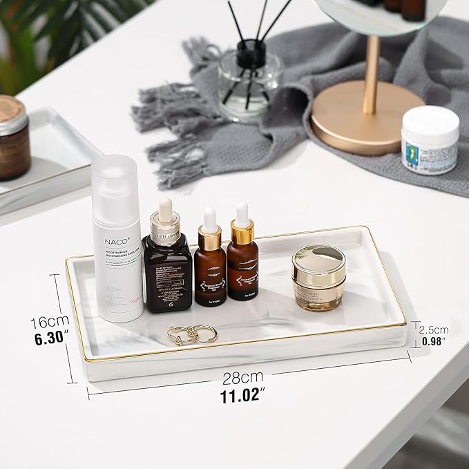 Luxspire Bathroom Vanity Tray, 11" Marble Ceramic Bathroom Trays for Counter, Bath Tray for Dresser, Kitchen Counter Tray, Perfume Tray, Bathroom Accessories, Medium, Marble White