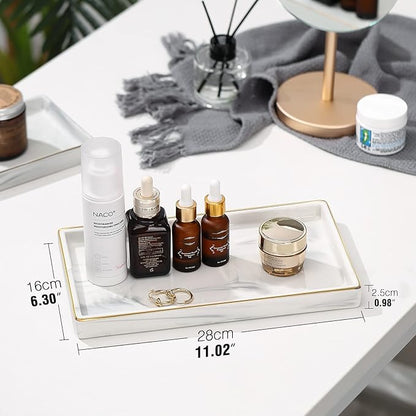 Luxspire Bathroom Vanity Tray, 11" Marble Ceramic Bathroom Trays for Counter, Bath Tray for Dresser, Kitchen Counter Tray, Perfume Tray, Bathroom Accessories, Medium, Marble White