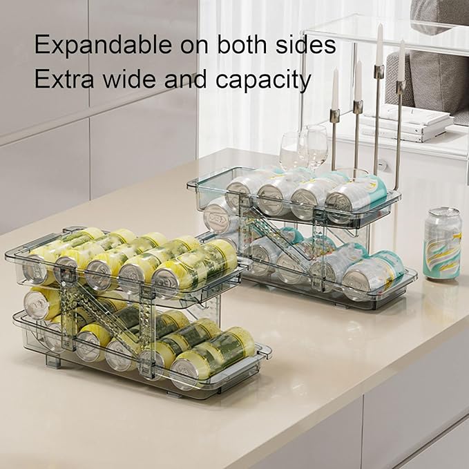 Stacking Can Dispensers Rolling Soda Can Organizer 2 Layer Expandable Automatic Rolling Beverage Dispenser Beer Can Holder for Refrigerator Pantry Freezer (Clear)
