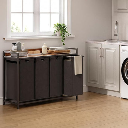 Herture Laundry Hamper with Shelf, Laundry Basket 4 Section, Laundry Sorter with Pull-Out Removable Large Bags and Movable Wheels, Metal Frame, 4 x 15.87 Gallons (60L), Rustic Brown + Black PF07XLY