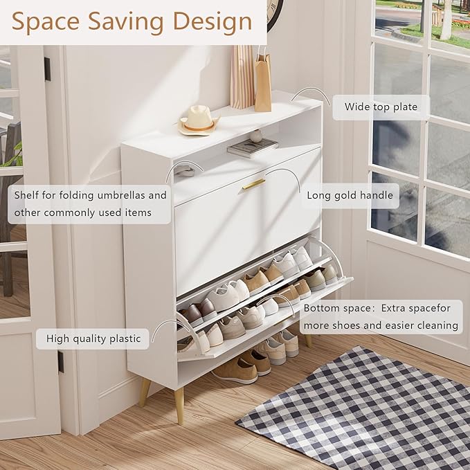 LYNSOM Shoe Cabinet Set of 2, Free Standing Tipping Bucket Shoe Rack Organizer with 2 Flip Drawers, Modern Entryway Shoe Storage with Top Display, Narrow Slim Hidden Shoe Cabinet (White)
