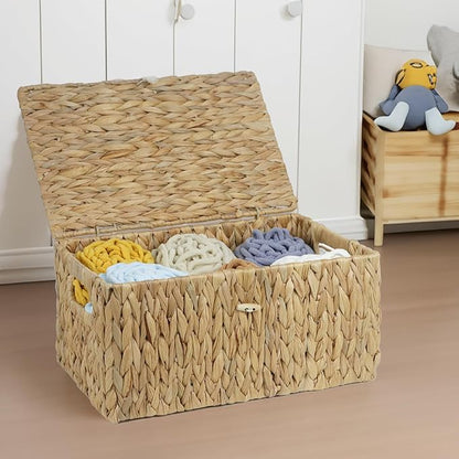 ORDELITE Large Wicker Basket with Lid, Rectangular Water Hyacinth Storage Baskets for Organizing, Woven Basket for Storage, Decorative Boxes Bins with Lids Home Organizer Decor