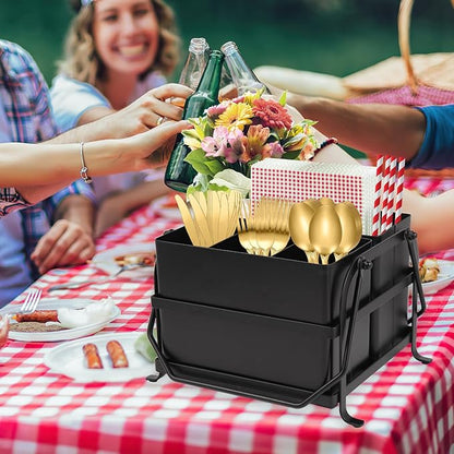 NelyBet Silverware Caddy Utensil Organizer With Handle, Outdoor Picnic and Camping Utensil Holder, Flatware Holder for Party Gatherings, Metal - Black