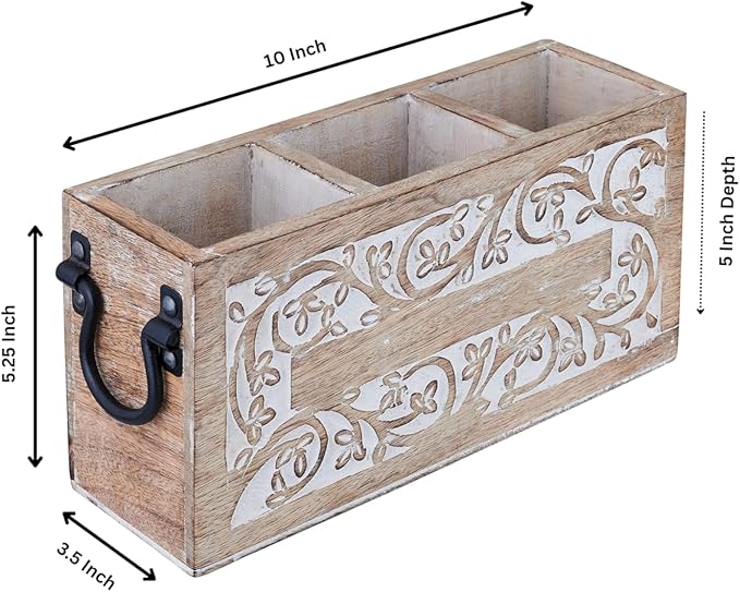 Farmhouse Decor 3 Compartment Silverware Holder Utensil and Cutlery Caddy for Parties Countertop Organizer for Spoon Fork and Knife Remote Control Holder Basket 10 x 4.5 x 5 Inches (Design 4)
