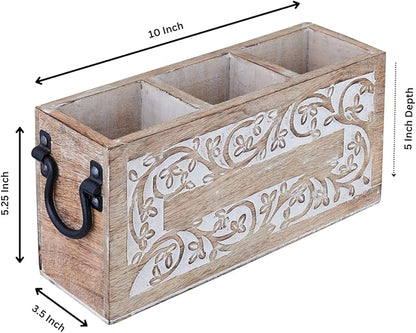 Farmhouse Decor 3 Compartment Silverware Holder Utensil and Cutlery Caddy for Parties Countertop Organizer for Spoon Fork and Knife Remote Control Holder Basket 10 x 4.5 x 5 Inches (Design 4)