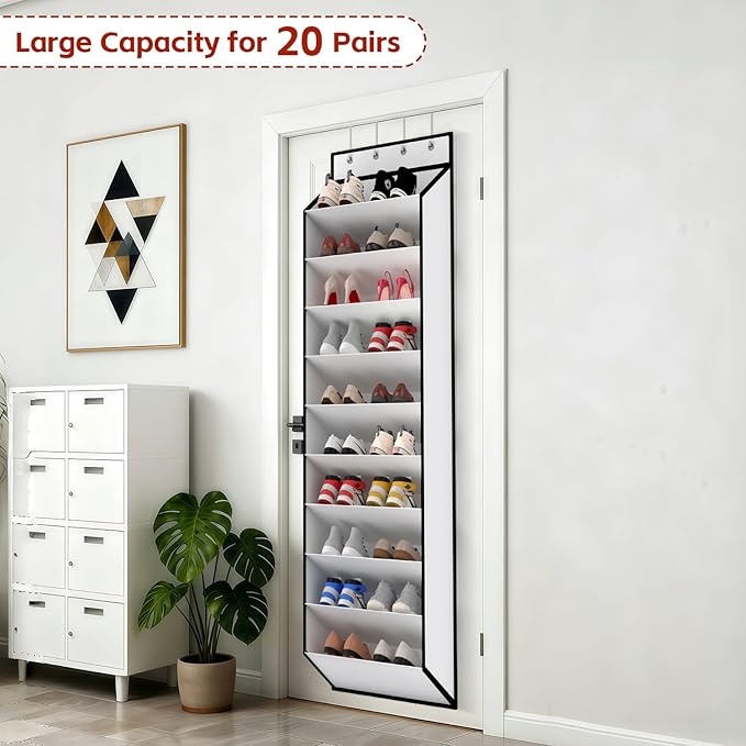 KEEPJOY 10 Tiers White Over Door Shoe Organizer Storage, Hanging Shoe Holder for Door with Large Deep Pockets, Fit 20-30 Pairs Shoe Rack for Sneakers, Boots (White)