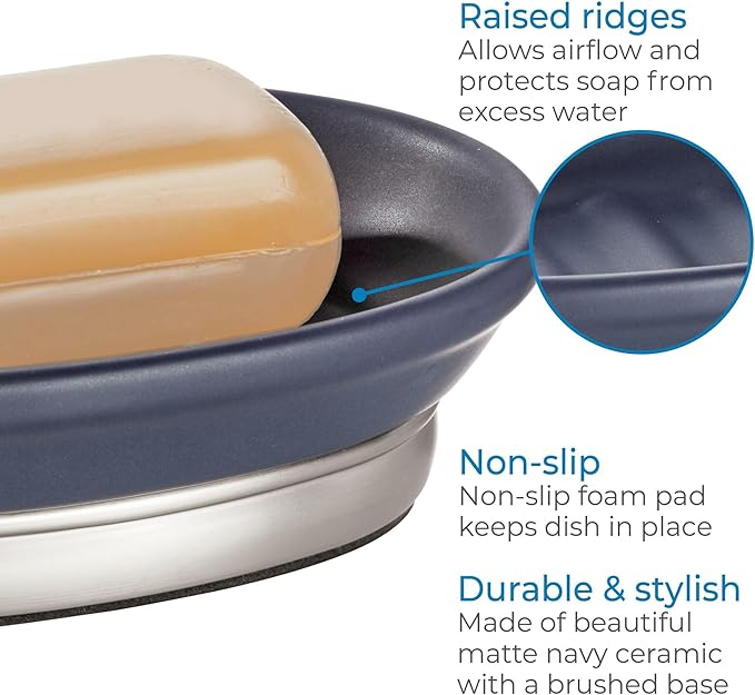 iDesign Ceramic and Steel Bar Holder, The York Collection Soap Dish, Matte Navy/Brushed Nickel