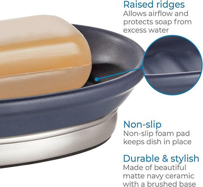 iDesign Ceramic and Steel Bar Holder, The York Collection Soap Dish, Matte Navy/Brushed Nickel