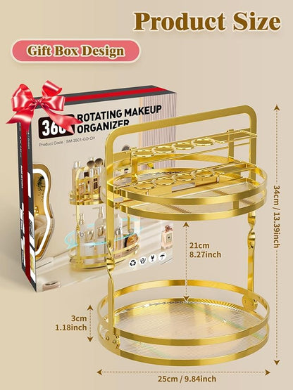360 Rotating Makeup Organizer Vanity, Gold Perfume Organizer for Dresser, 2 Tier Bathroom Organizer Countertop, Lazy Susan Spinning Perfume Stand for Women, Skincare Storage with Brush Holder