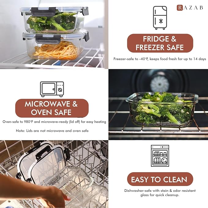 Razab 2 PC 1200ML / 41 Oz Glass Food Storage Containers with Lids - Airtight & Leakproof - Microwave/Oven/Freezer Safe - BPA Free - Ideal for Meal Prep, Storing Leftover & Lunch