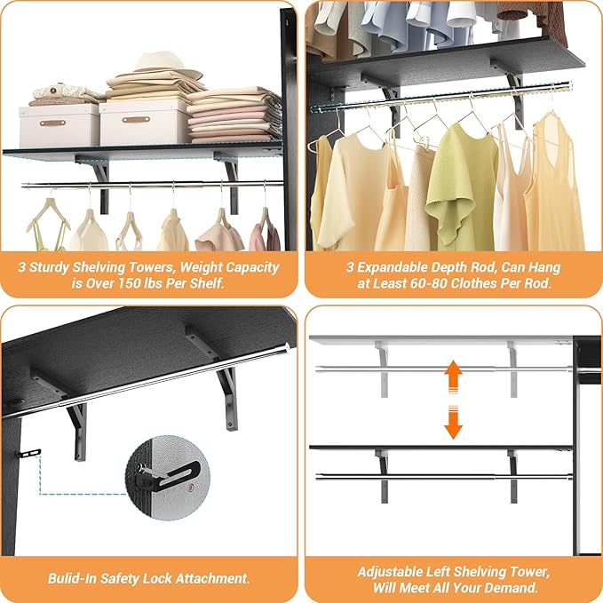 iSunirm 8FT Closet System with Shelves, 96'' Closet Organizer System with 3 Hanging Rods, Wall Mount Bedroom Wardrobe Walk-in Closet, Adjustable Cloth Garment Rack from 5 to 8FT (Cut to Fit), Black