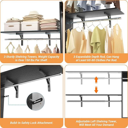 iSunirm 8FT Closet System with Shelves, 96'' Closet Organizer System with 3 Hanging Rods, Wall Mount Bedroom Wardrobe Walk-in Closet, Adjustable Cloth Garment Rack from 5 to 8FT (Cut to Fit), Black