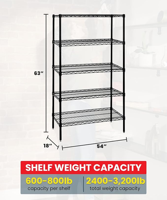 Quantum Storage Systems WR63-1854BK Wire Shelving Starter Kit, 54" W x 18" D x 63" H, 600 lbs Capacity, Carbon Steel, Epoxy Coated, Black, NSF