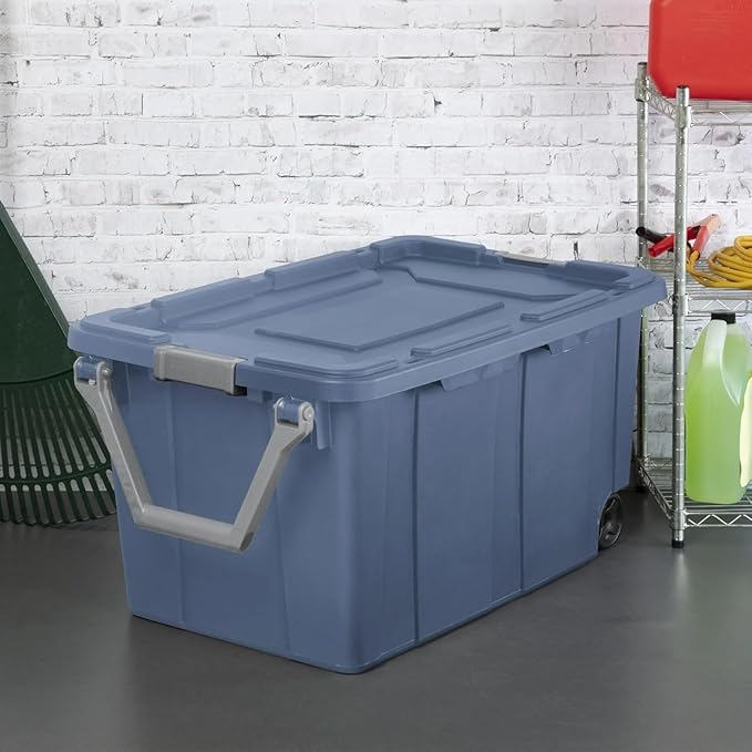 Storage Bin 40 Gallon 160 Qt Wheeled Industrial Tote Plastic Rolling Stacker Storage Box, Tough Lidded Stackable Storage Container for Home, Garage, and Camping Blue Moonlight Base and Lid