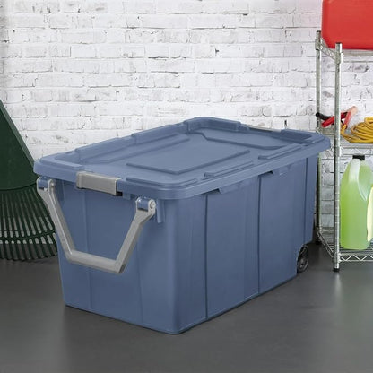 Storage Bin 40 Gallon 160 Qt Wheeled Industrial Tote Plastic Rolling Stacker Storage Box, Tough Lidded Stackable Storage Container for Home, Garage, and Camping Blue Moonlight Base and Lid