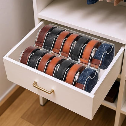 Belt Organizer – 7 Compartment Acrylic Storage Case with Anti-Slip Pads, Clear Display Holder for Belts, Ties & Accessories