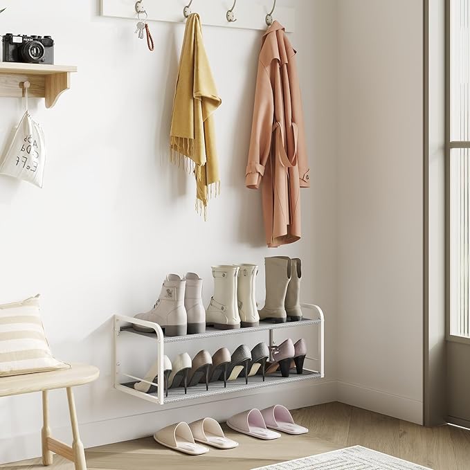 Wall Mounted Shoe Rack, Carbon Steel Shoe Organizer with Removable Oxford Cloth, Non-Slip Space-Saving for Entryway Closet Bedroom, White