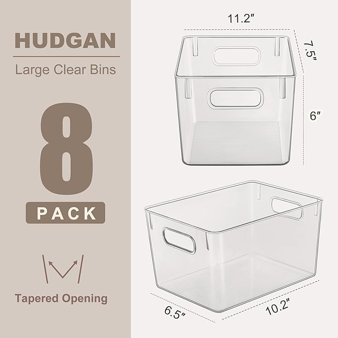 Hudgan Set of 8 Clear Plastic Storage Bins, 8 Large Storage Containers for Pantry Organizers, Home Edit, Kitchen Cabinet, Refrigerator, Under Sink Organization, Bathroom, Office