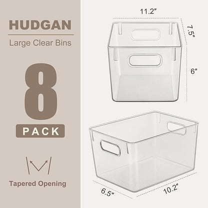 Hudgan Set of 8 Clear Plastic Storage Bins, 8 Large Storage Containers for Pantry Organizers, Home Edit, Kitchen Cabinet, Refrigerator, Under Sink Organization, Bathroom, Office