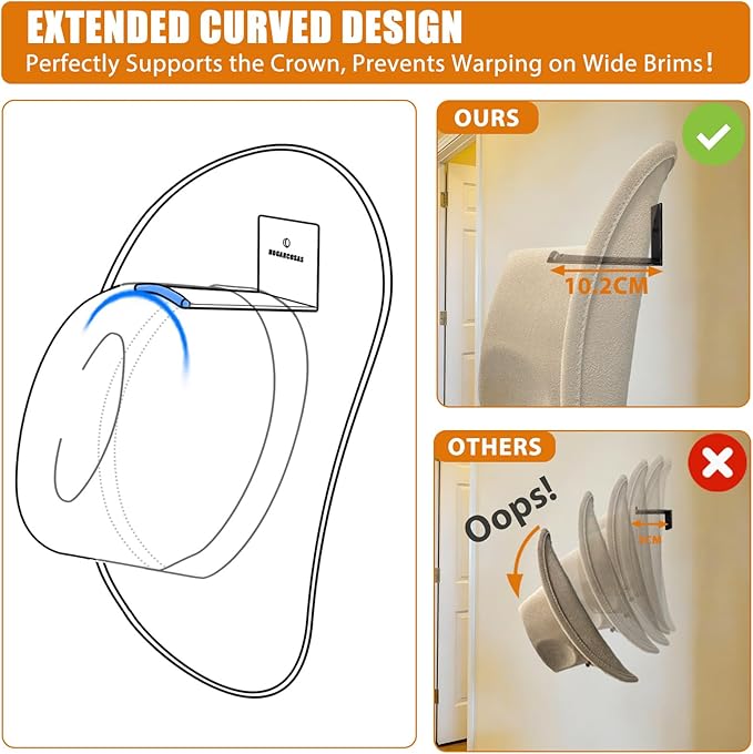4 Inch Metal Cowboy Hat Rack for Wall – Extended Curved Silicone Grip Holder, Fits All Hat Sizes, Protects Large Brim Hats, Universal Hat Holder, Western Decor, Adhesive or Screw Mount, 4-Pack, Black