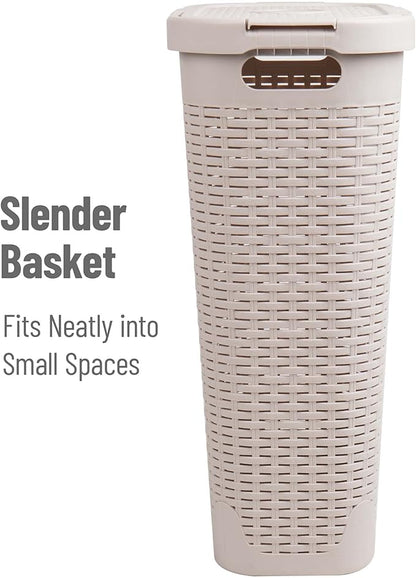 Mind Reader Slim Laundry Hamper with Lid, 40L Clothes Basket, Narrow Tapered Design with Ventilated Cutout Pattern, Plastic, Set of 2, Ivory