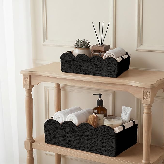 iEGrow Paper Rope Small Storage Baskets for Organizing, Set of 2 Scalloped Edge Wicker Basket with Wooden Handles Toilet Paper Basket for Over Toilet Storage Shelf, Home Decor, Living Room (Black)