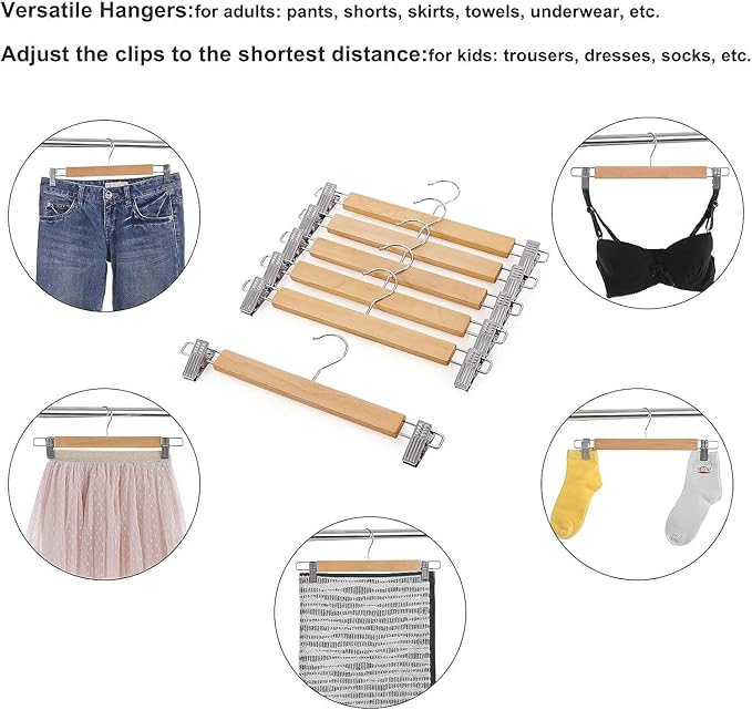 Wood Pants Skirts Hangers Wooden Trousers Bottom Hanger with 2-Adjustable Clips, Clip Hangers for Slacks, Jeans, Shorts, Space-Saving Design, Closet Essentials (Beige, 20)