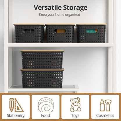 Plastic Storage Baskets with Bamboo Lids, Stackable Small Box Bins for Organizing and Containers for Shelves Drawers Desktop Closet Pantry Classroom Office Home, 6 Pack 10.2x7.2x4.1 Inch, Black